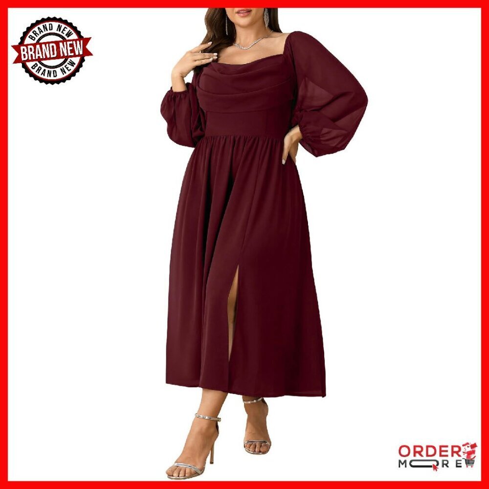 Plus Size Chiffon Maxi Dress Long Sleeve Cowl Neck Cocktail Party